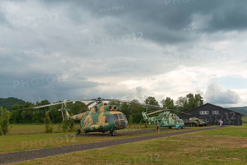 Schifflersgrund border museum memorial on the former border between the FRG and the GDR, Soviet multi-purpose helicopter, type MIL MI 8, for surveillance flights and reconnaissance, building for exhibitions, Bad Sooden-Allendorf, Hesse, Asbach-Sickenberg Thuringia, Germany