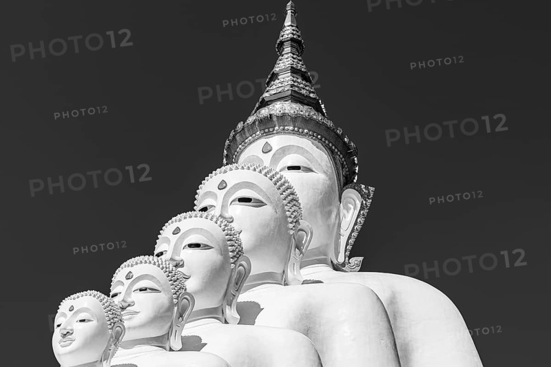 Five-headed Buddha statue, black and white photo, Wat Phra That Sorn Kaew Buddhist temple complex, Phetchabun province, Thailand