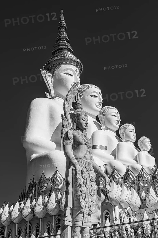 Five-headed Buddha statue, black and white photo, Wat Phra That Sorn Kaew Buddhist temple complex, Phetchabun province, Thailand