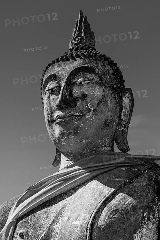 Stone Buddha statue, historic Buddhist temple complex, black and white photo, Ayutthaya, Thailand