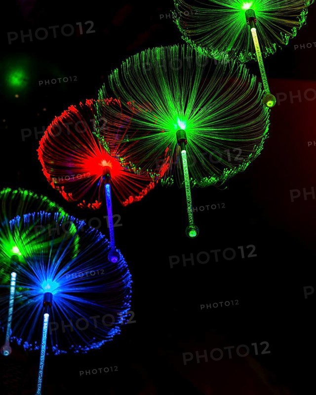 Green, blue and red glass thread lights, Wat Phra That Sorn Kaew Buddhist temple complex, Phetchabun province, Thailand