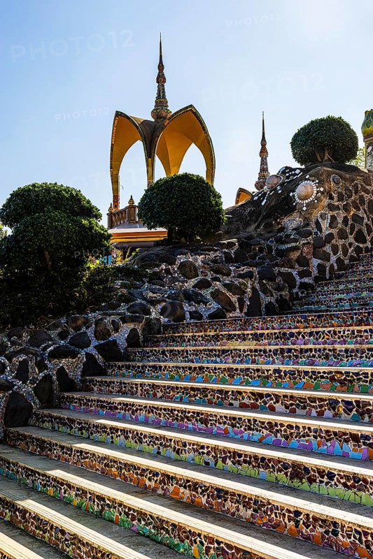 Staircase decorated with colorful mosaic tiles, Buddhist temple complex Wat Phra That Sorn Kaew, Phetchabun province, Thailand