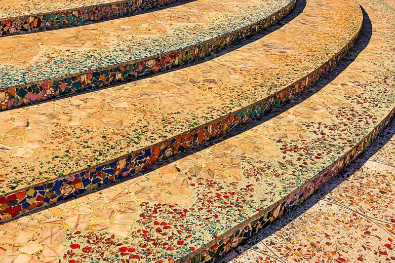 Staircase decorated with colorful mosaic tiles, Buddhist temple complex Wat Phra That Sorn Kaew, Phetchabun province, Thailand