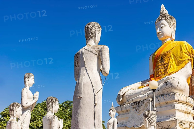 Stone Buddha statues, historic Buddhist temple complex, Ayutthaya, Thailand