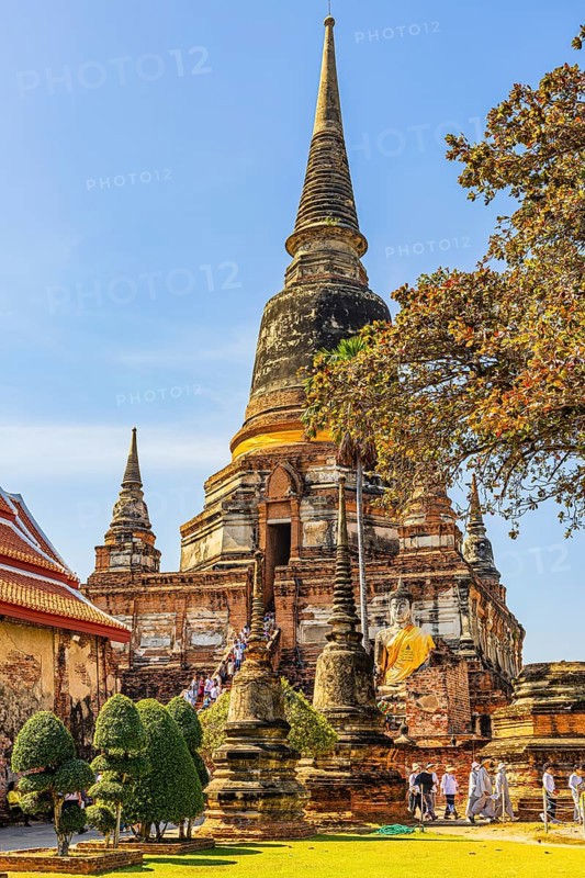 High temple tower, Prang, historic Buddhist temple complex, Ayutthaya, Thailand
