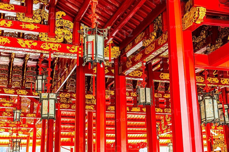 Roof structure with red beams and golden decorations, Wehat-Chamrun Residence, Thai King's Summer Palace, Bang Pa-In, near Ayutthaya, Thailand