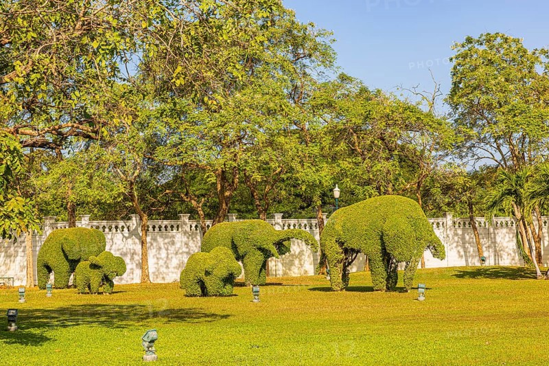 Royal Park, family of elephants made of bux tree, Thai King's Summer Palace, Bang Pa-In, near Ayutthaya, Thailand