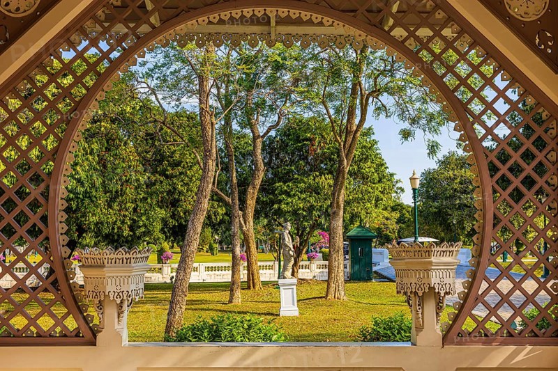 Garden pavilion, view of the royal park, Thai King's Summer Palace, Bang Pa-In, near Ayutthaya, Thailand