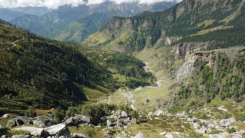 Landscape with low-lying valleys and a forested mountain range on the Manali-Leh Highway, Trekking Ladakh, Himachal Pradesh, Himalayas, India