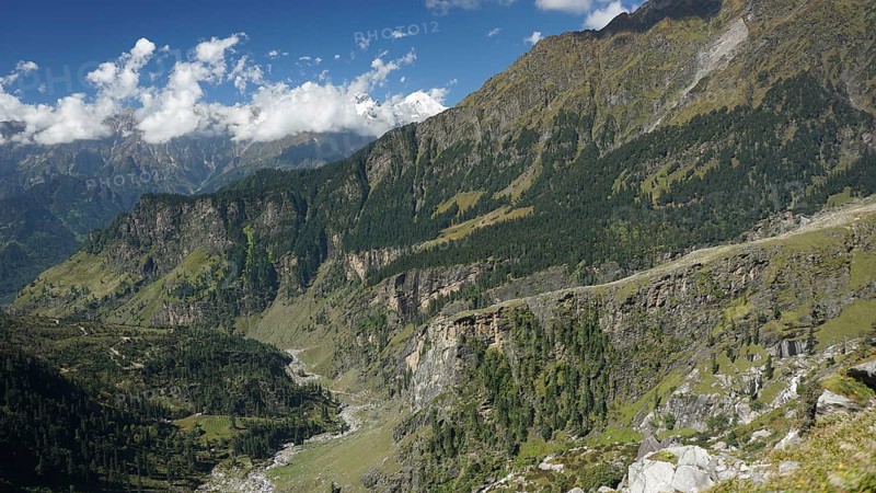 Valleys and densely wooded slopes on the Manali-Leh Highway under clear, sunny skies, trekking Ladakh, Himachal Pradesh, Himalayas, India