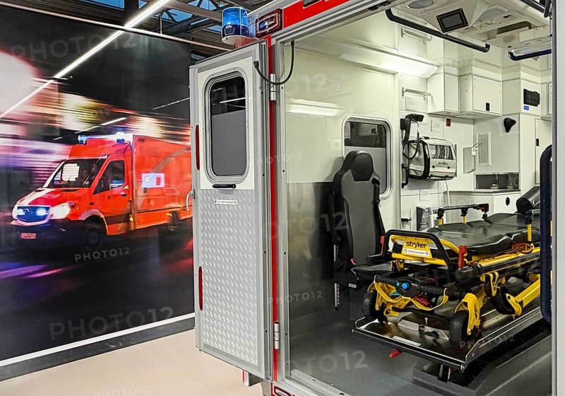 View of an ambulance, working world exhibition DASA, Dortmumd, Ruhr region, North Rhine-Westphalia, Germany