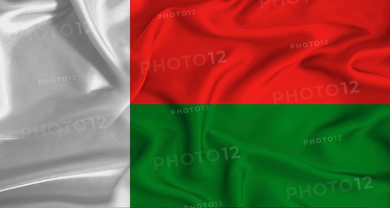 Realistic Madagascar flag waving. Close up of flag of Madagascar with cloth texture