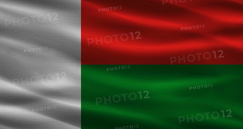 Malagasy flag with fabric texture. Realistic flag of Madagascar waving