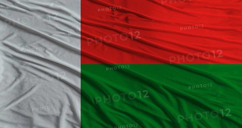 Malagasy flag waving. Flag of Madagascar with cloth texture