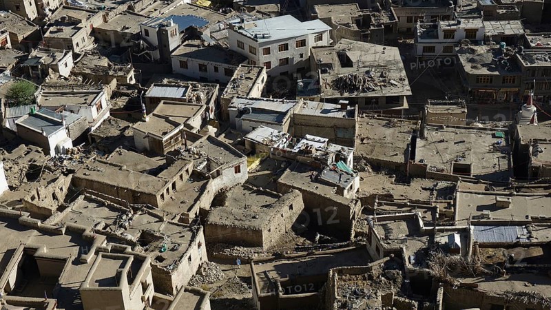 Close-up of traditional Tibetan-style houses built close together, Leh, trekking in Ladakh, Himalayas, India