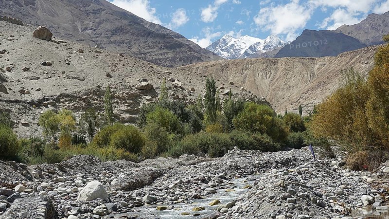 Rocky river through a mountainous landscape with green trees, Nubra Valley, trekking in Ladakh, Himalayas, India