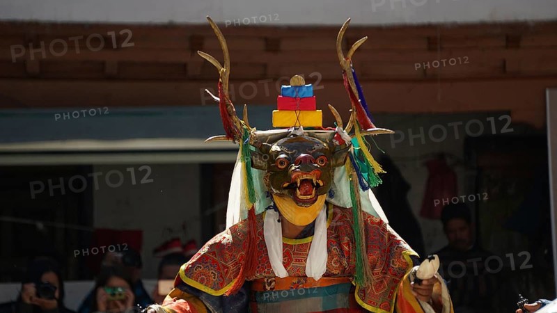 A dancer wears a decorative animal mask with antlers and colorful clothing during a traditional ritual in Leh, trekking in Ladakh, Himalayas, India
