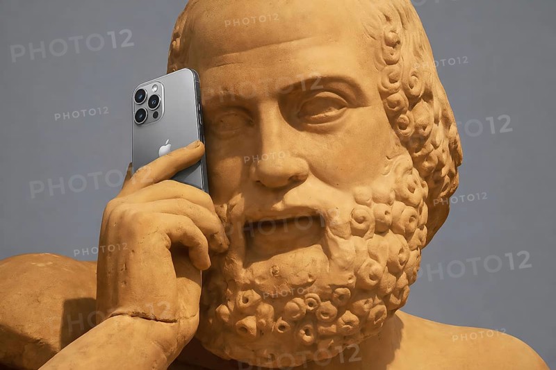 Partially AI-generated, head of the statue of the seer, east gable of the Temple of Zeus, preparations for the chariot race between Pelops and Oinomaos, statue of a man with smartphone, combines ancient appearance with modern technology, Olympia Archaeological Museum, Ancient Olympia, Olympia, Peloponnese, Greece