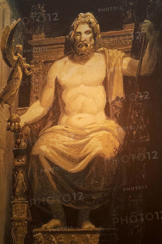 Figure of the golden elf-legged statue of Zeus, ancient statue of Zeus on an ornate throne, mythological representation, Olympia Archaeological Museum, Ancient Olympia, Olympia, Peloponnese, Greece