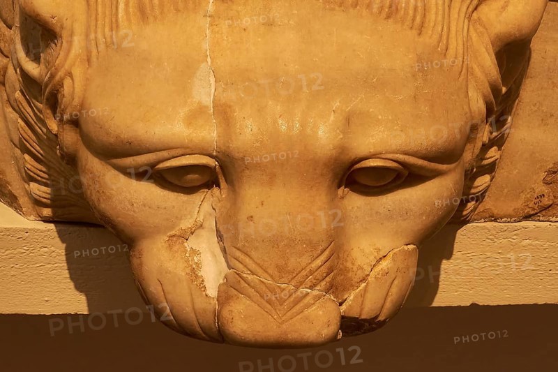 Stone sculpture of a lion's head, detailed view with light and shadow, Olympia Archaeological Museum, Ancient Olympia, Peloponnese, Greece