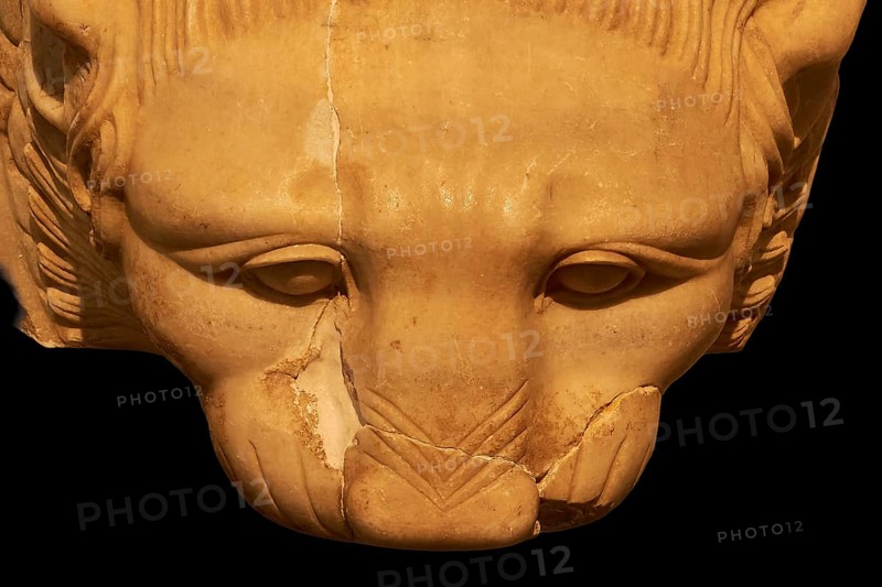 Close-up of a stone lion's head, showing ancient craftsmanship, Olympia Archaeological Museum, Ancient Olympia, Peloponnese, Greece