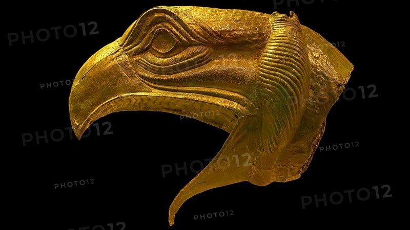 Bronze griffin protome, majestic eagle head figure in golden sculpture with fine details, Olympia Archaeological Museum, Ancient Olympia, Olympia, Peloponnese, Greece