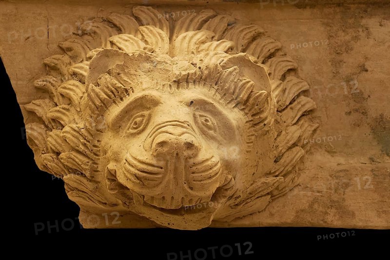 Stone relief of an artfully designed lion's head with detailed fur pattern, Olympia Archaeological Museum, Ancient Olympia, Olympia, Peloponnese, Greece