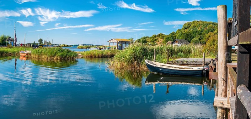 Rowing boats in the harbor on the ferry from Moritzdorf, OT of Sellin, Mönchgut peninsula, Rügen island, Mecklenburg-Western Pomerania, Germany