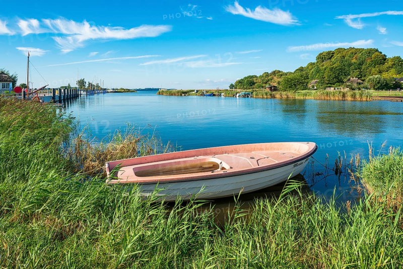 Rowing boat in the harbor on the ferry from Moritzdorf, OT of Sellin, Mönchgut peninsula, Rügen island, Mecklenburg-Western Pomerania, Germany