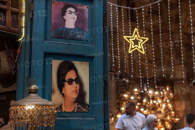 Cairo, Egypt. July 2nd 2024 Portraits of Umm Kulthum displayed in a Cairo cafe, an Egyptian singer, songwriter, and film actress known as The Voice of Egypt, a national icon popular throughout the Middle East