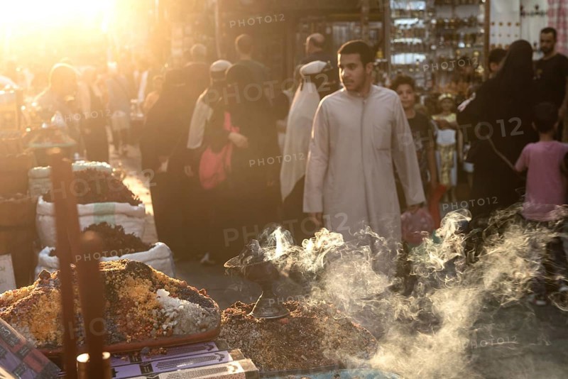 Cairo, Egypt. July 2nd 2024 Smoke from burning incense in a busy market in the historical Islamic quarter of Cairo, Egypt