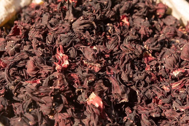 Dried Hibiscus flower petals for sale in the Spice Market in Cairo. Hibiscus is used for treating loss of appetite, colds, heart and nerve diseases and an aid to weight loss. In Egypt Hibiscus Tea is a popular herbal tea rich in antioxidants