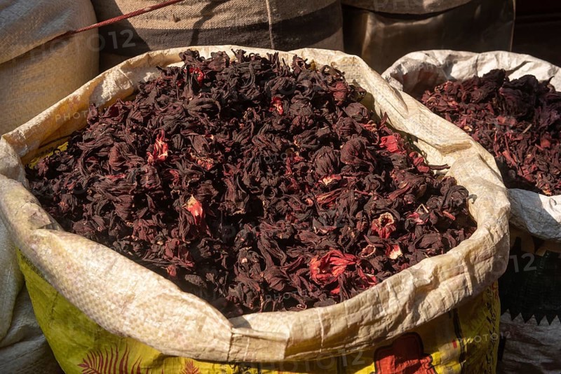 Sacks of dried Hibiscus flower petals for sale in the Spice Market in Cairo. Hibiscus is used for treating loss of appetite, colds, heart and nerve diseases and an aid to weight loss. In Egypt Hibiscus Tea is a popular herbal tea rich in antioxidants