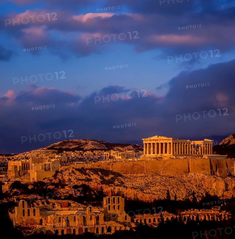 Acropolis, general view from south, sunset with dark clouds, Athens, Greece