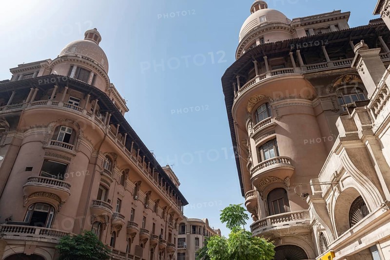 Classic Cairo architecture with details showing beautiful covered balconies and domed roofs, historical buildings of downtown Cairo reflect its cosmopolitan past. Egypt