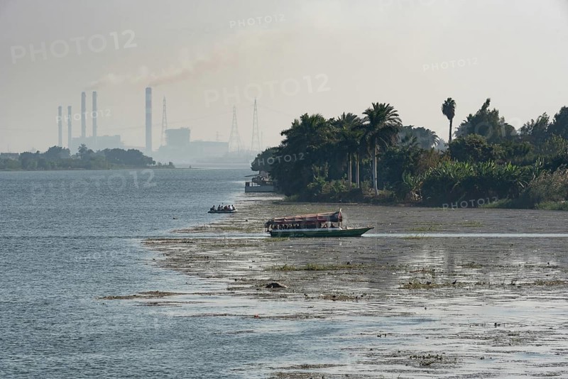 Qanater, Nile Delta. Egypt. December 18th 2022 A hazy polluted air view from the El Qanater Barrage, on the River Nile at the Delta Barrages, the Nile River divides into the Damietta and Western Rosetta branches