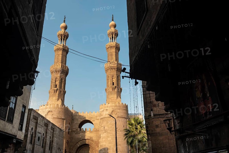 Bab Zuweila, the Fatimid architecture and historical landmark of Islamic Cairo, one of the remaining gates of city walls, Egypt. Africa