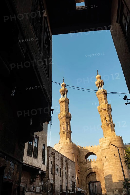 Bab Zuweila, the Fatimid architecture and historical landmark of Islamic Cairo, one of the remaining gates of city walls, Egypt. Africa