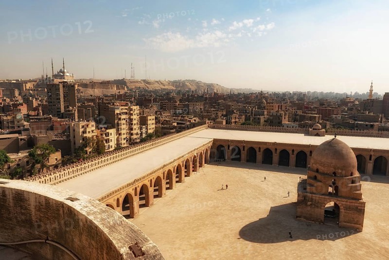 Cairo, Egypt. November 26th 2022 Cairo city panorama, cityscape view of the Egyptian capital from the medieval walls of Ibn Tulun Mosque in the Islamic quarter of Cairo, Egypt