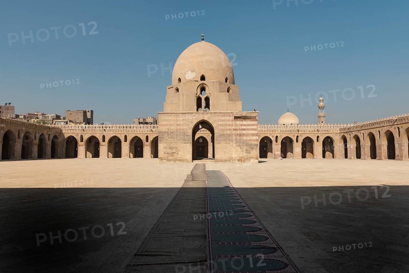 The interior architecture of the courtyard and dome of Ibn Tulin Mosque in Cairo, one of the oldest mosques in Egypt