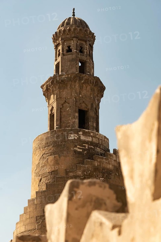 Egyptian architectural detail of the Spiral Tulunid Dynasty Minaret of Ibn Tulin Mosque in Cairo, one of the oldest mosques in Egypt. Architecture in the Middle East