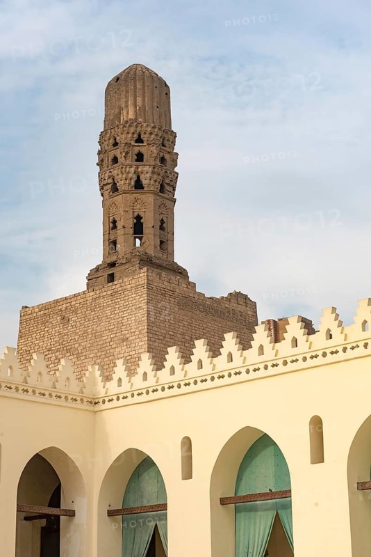 Cairo, Egypt. November 27th 2022 Minaret of historic Mosque of al-Hakim, known as Al-Anwar, named after Al-Hakim bi-Amr Allah. Inside the Fatimid gate, Bab al-Futuh in Islamic Cairo, Egypt