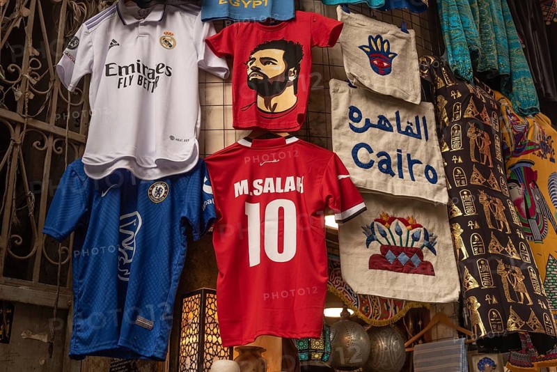 Cairo, Egypt, November 26th 2022 Egyptian, Mo Salah football shirts being sold as tourist souvenirs in the famous Khan El Khalili Bazaar in Islamic Cairo, Egypt