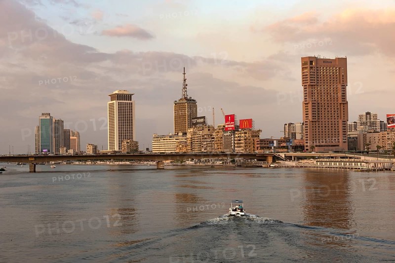 Cairo, Egypt, November 26th 2022 Cairo city skyline with Ramses Hilton Hotel over the River Nile from Kasr El Nil Bridge in Downtown Cairo, Egypt