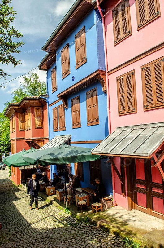 Bursa, Turkey. April 21st 2014 Pretty coloured houses along a side street in Bursa City, Turkey