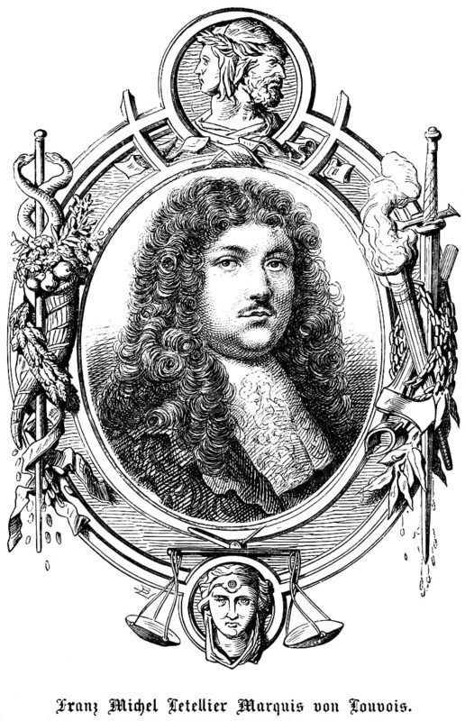 François Michel Le Tellier, Marquis de Louvois (1641 - 1691) France, Count, Minister of War under King Louis XIV, new order of the French army, symbols, Janus head, snake, staff, scales, torch, sword, portrait, historical illustration 1863