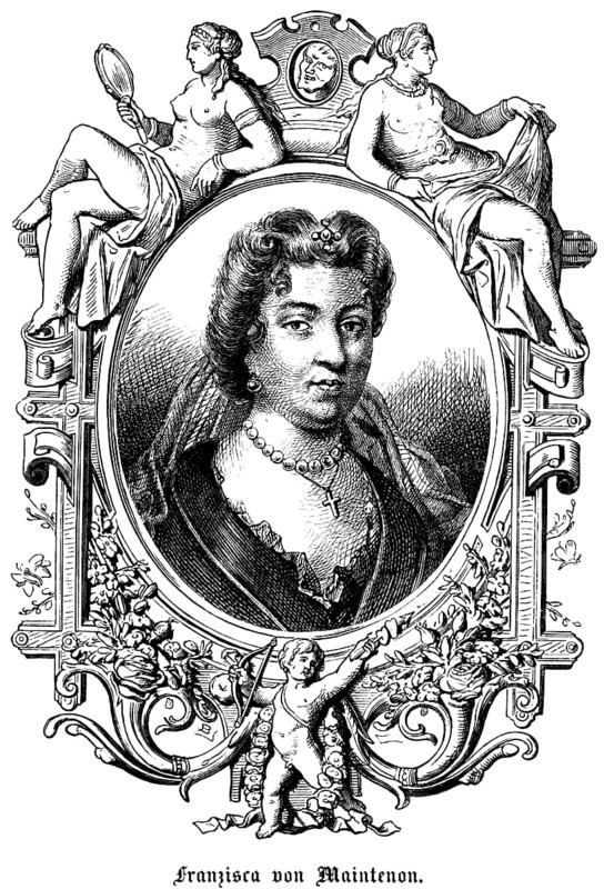 Françoise d'Aubigné, Marquise de Maintenon, Madame de Maintenon, Frances of Maintenon (1635, 1719) France, favourite, mistress and, according to rumour, secret woman of King Louis XIV, symbols, two woman, naked upper body, mirror, angel, bow and arrow, portrait, historical illustration 1863