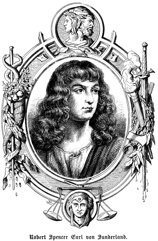 Robert Spencer 2ndEarl of Sunderland (1641, 1702) England, second earl, diplomat and politician, advisor to the English king, converted to Catholicism under James II, symbols, Janus head, snake, staff, scales, torch, sword, portrait, historical illustration 1863