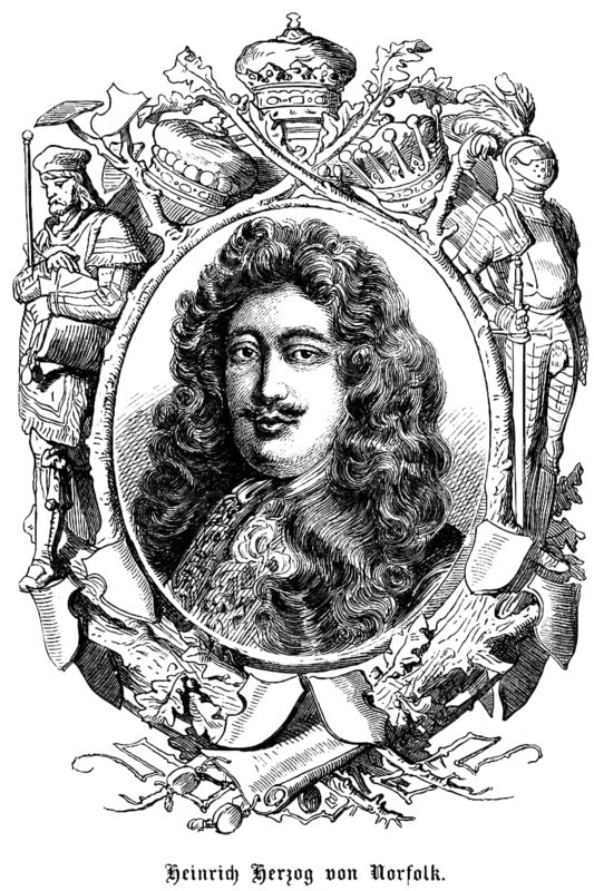 Henry Duke of Norfolk (1628, 1684) Henry Duke of Norfolk, Earl of Norwich, Earl of Norwich, England, Member of the House of Lords, House of Lords, Westminster Palace, symbols, crown, knight, seal, sword, armour, portrait, politician, historical illustration 1863