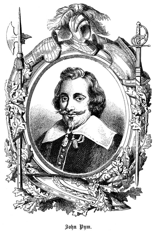 John Pym (1584 -1643) England, lawyer, politician, member of the English House of Commons, Puritan, dispute with the king, taxes, powers of parliament, symbols, pen, helmet, sword, halberd, shield, armour, portrait, historical illustration 1863